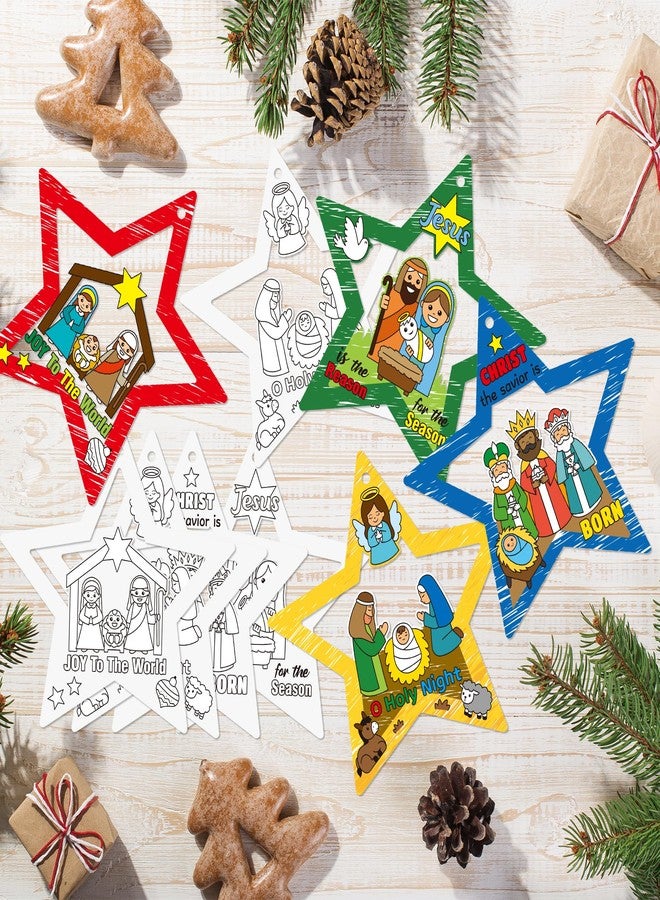 CY2SIDE Christmas Nativity Coloring Craft Kit - 60PCS Color Your Own Xmas Jesus’s Birth Star Cutout Hanging Ornament for Xmas Tree Decor DIY Jesus Star Paper Card for Kid Sunday School Activity - Image 2